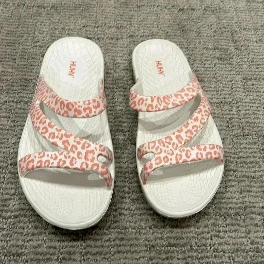 White & Pink Leopard Print Slide Sandals - Picture 2 of 7